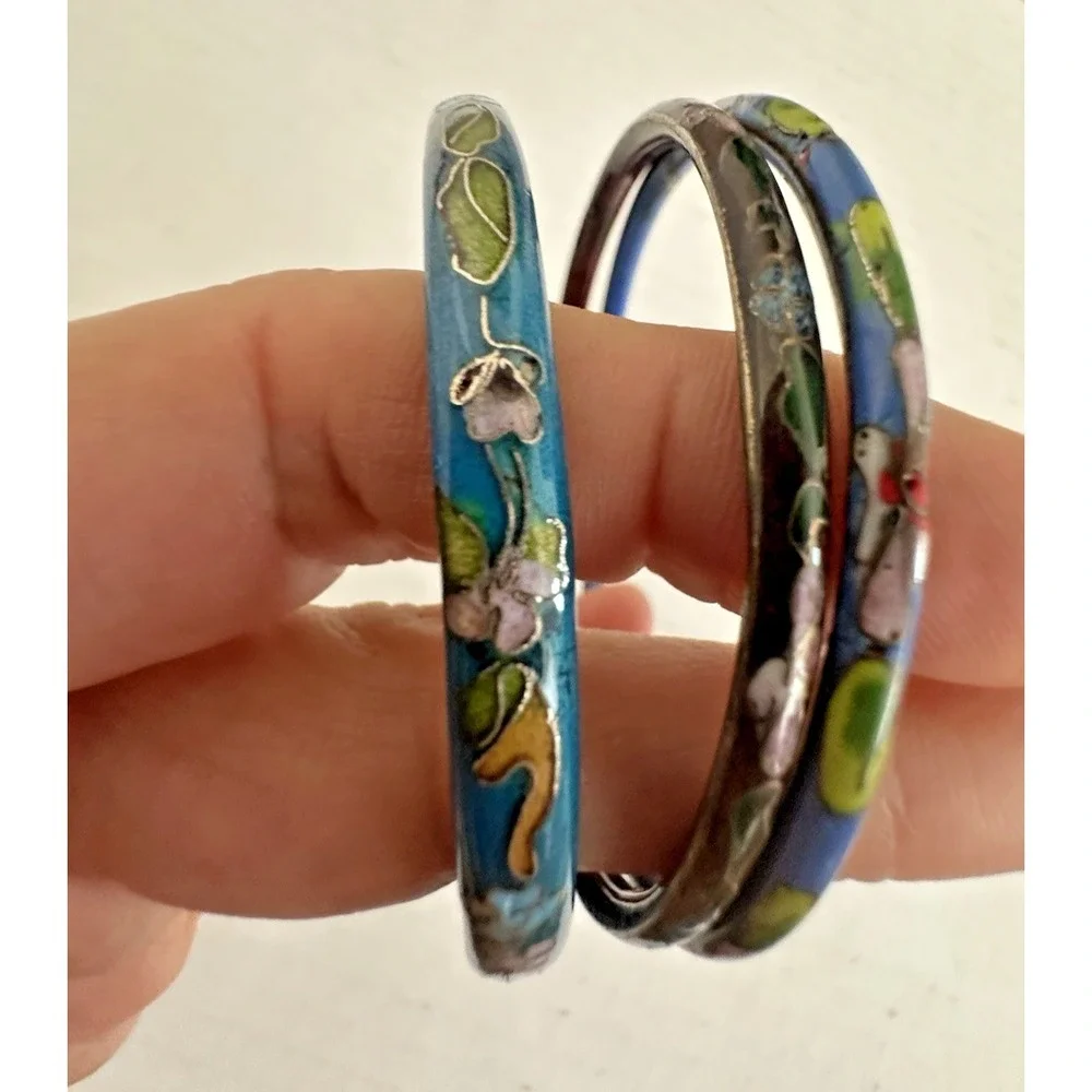 Cloisonne Bangle Bracelet Blue Aqua Floral Pink Metal Set of 3